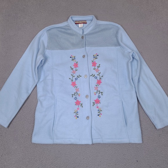 Tudor Court by Haband Sweaters - Tudor Court Haband Womens Fleece Cardigan Large Blue‎ Floral Embroidered Button